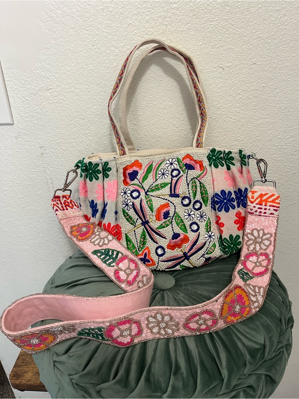 Embroidered Floral Shoulder Bag in Pink and Cream
